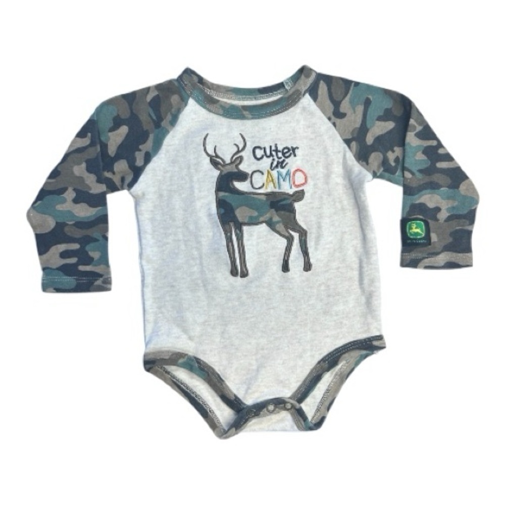 John Deere Gray and Camo Baby Bodysuit 6/9 months boys long sleeve